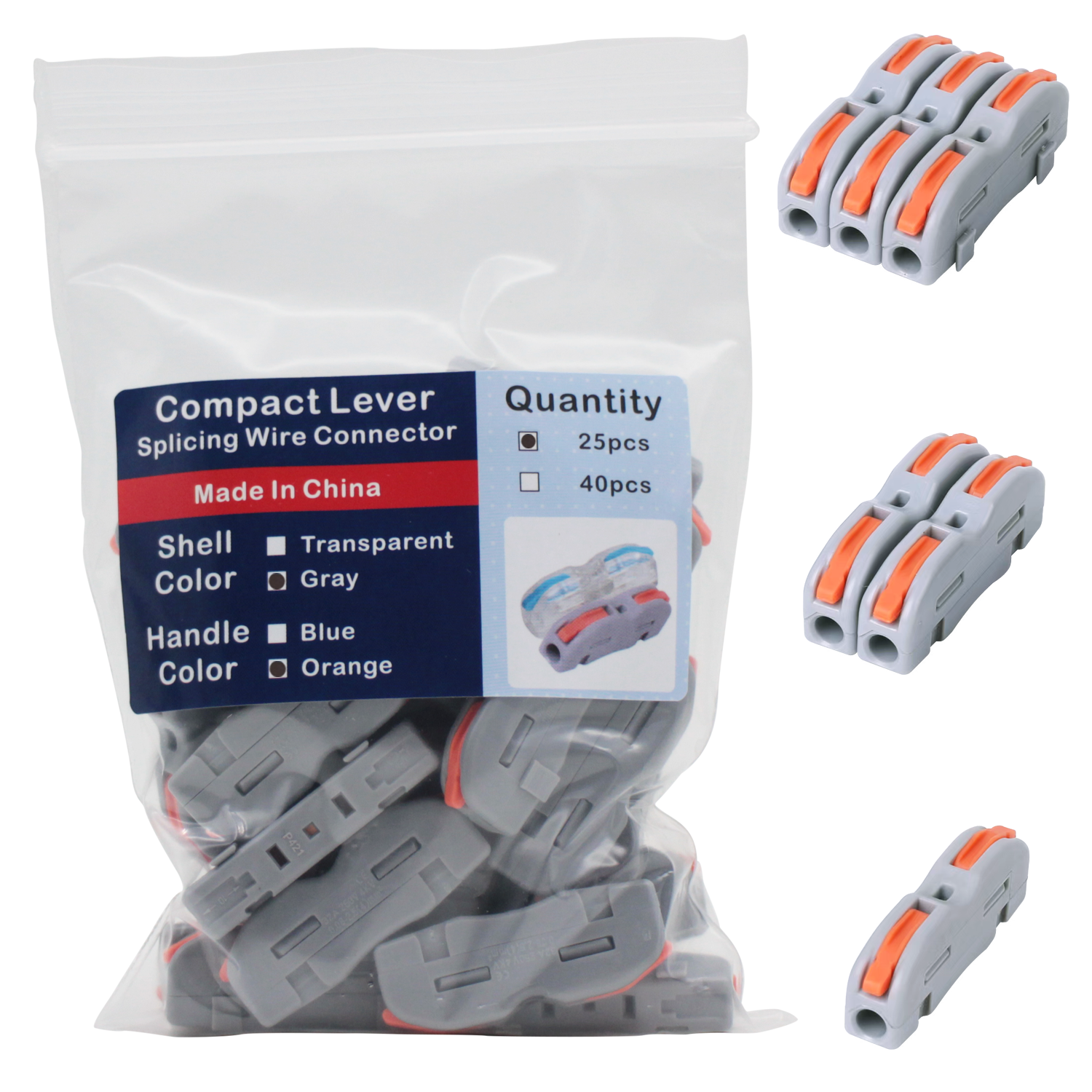1 in 1 Out Lever Nuts Compact Splicing Wire Connectors,40 Pcs in Bags of Quick Connect Eletrical Splicing Connectors Orange Handle and Gray Shell Lever Nuts