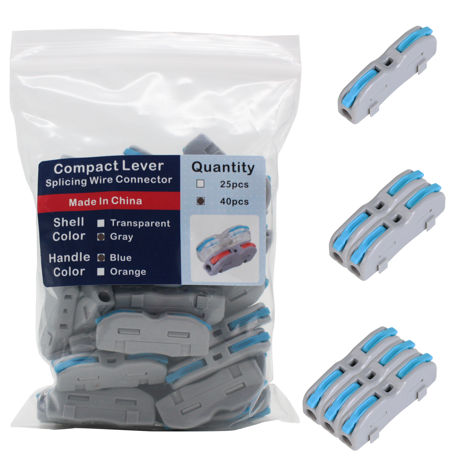 1 in 1 Out Lever Nuts Compact Splicing Wire Connectors,40 Pcs in Bags of Quick Connect Eletrical Splicing Connectors Orange Handle and Gray Shell Lever Nuts