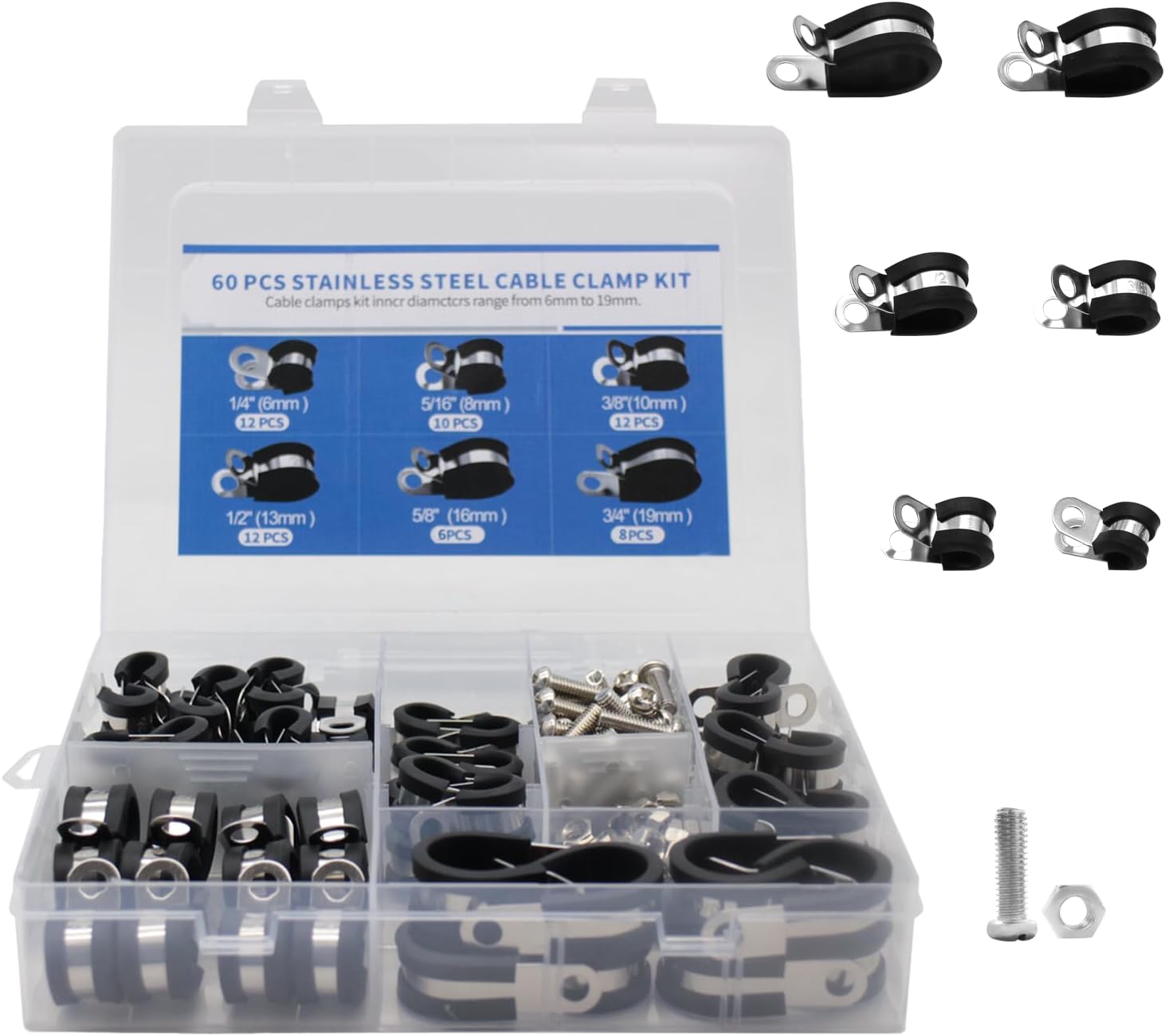 MAKERELE 6-size 120-piece rubber-cushioned cable clamp assortment kit with bolts