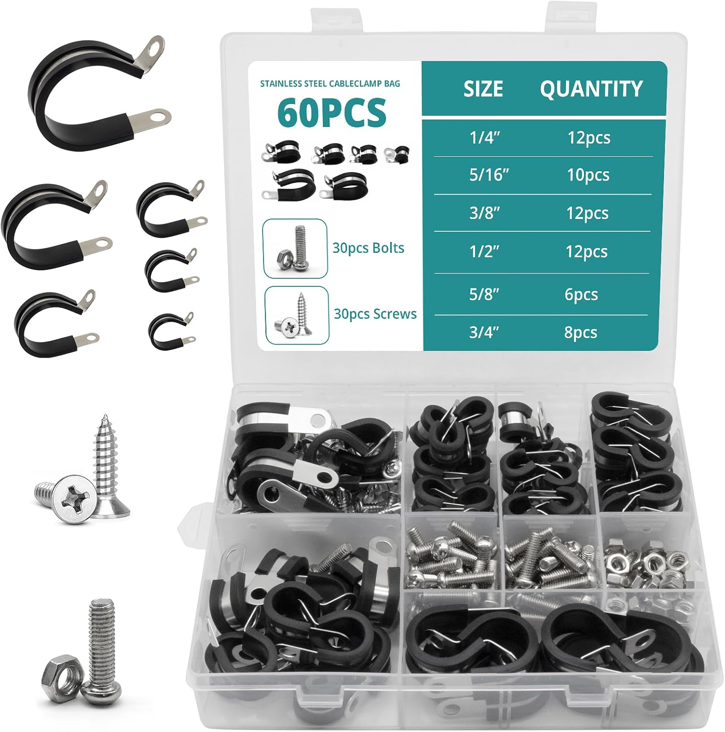 MAKERELE 6-size 60-piece rubber-cushioned cable clamp assortment kit with screws