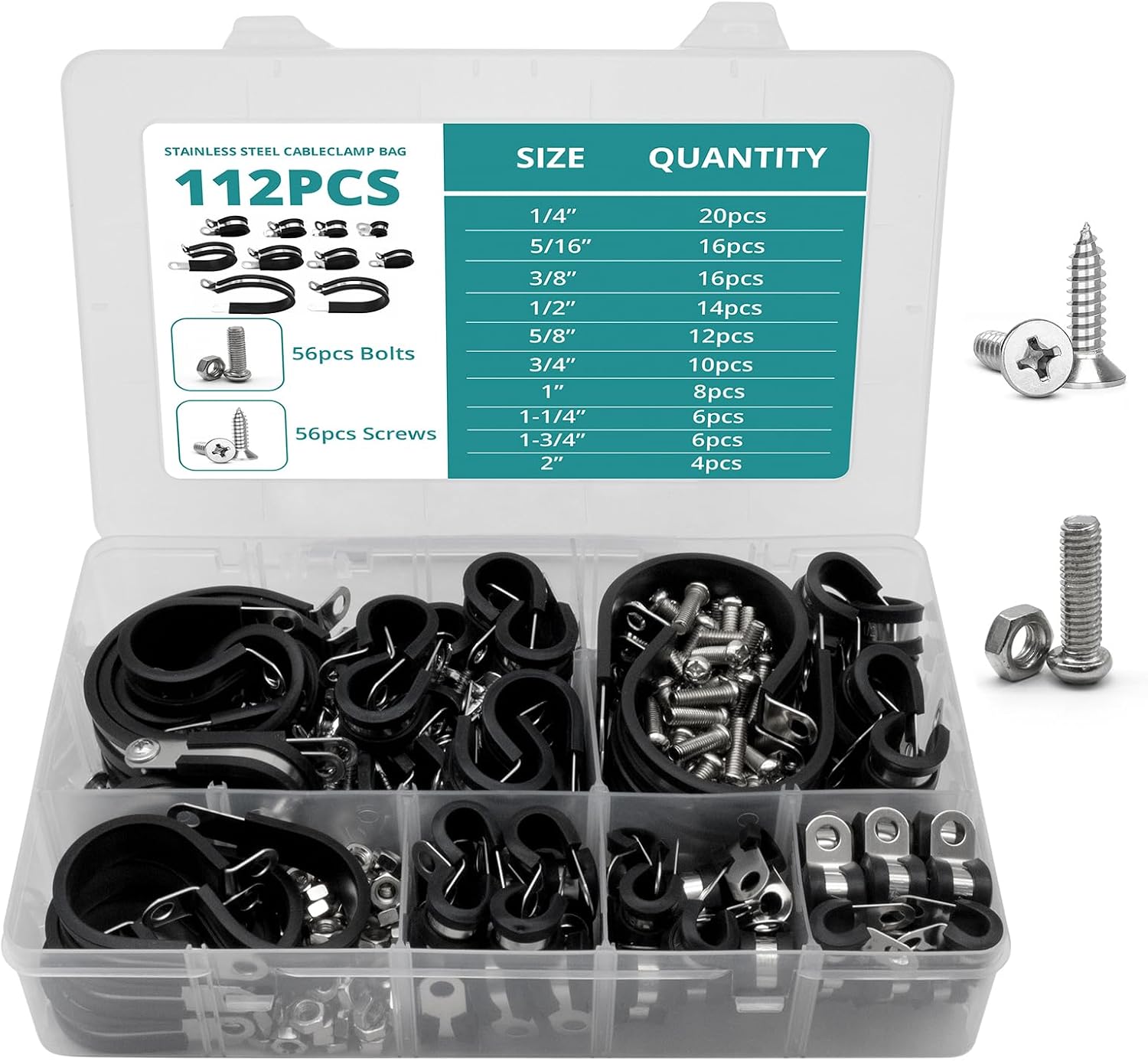 MAKERELE 10-size 112-piece rubber-cushioned cable clamp assortment kit with screws
