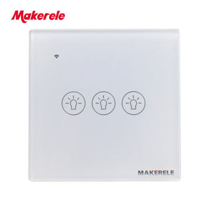 MAKERELE Wi-Fi glass panel touch wall switch in white, 3-gang