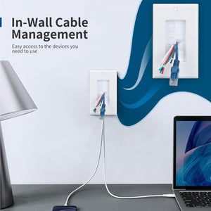 MAKERELE single-gang brush wall plate cable pass-through in use