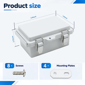 MAKERELE MTY grey metal-latch enclosure, 150 x 100 x 70 mm, dimension and mounting hardware reference