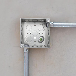 Deep 4-inch square metal electrical box installed with conduit