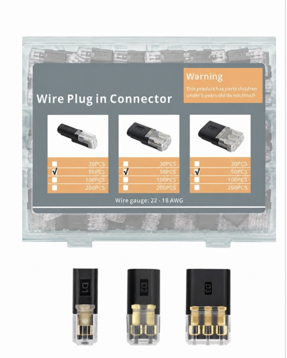 Low voltage quick connect wire connector assortment kit, 18-22 AWG