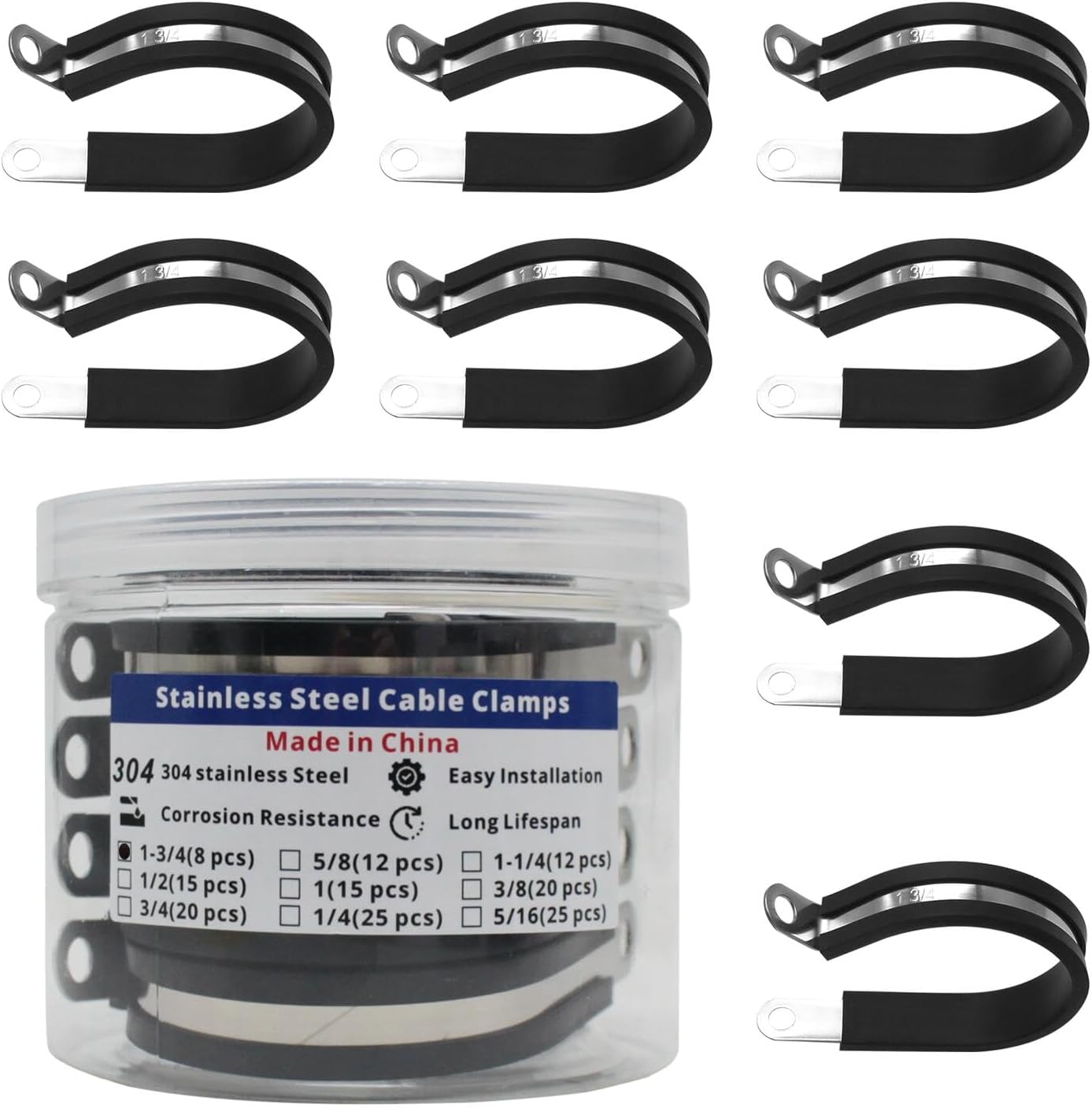 MAKERELE 1-3/4 inch 304 stainless steel rubber-cushioned cable clamps, 8-pack