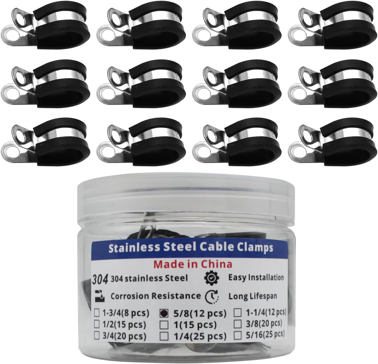 MAKERELE 5/8 inch 304 stainless steel rubber-cushioned cable clamps, 12-pack