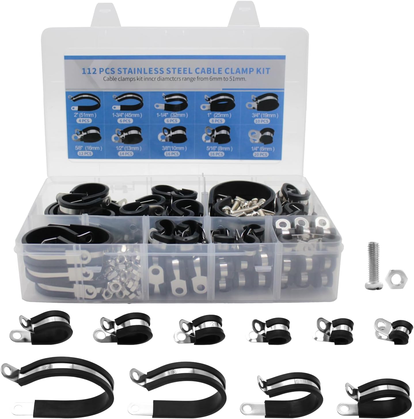 MAKERELE 10-size 224-piece rubber-cushioned cable clamp assortment kit with bolts