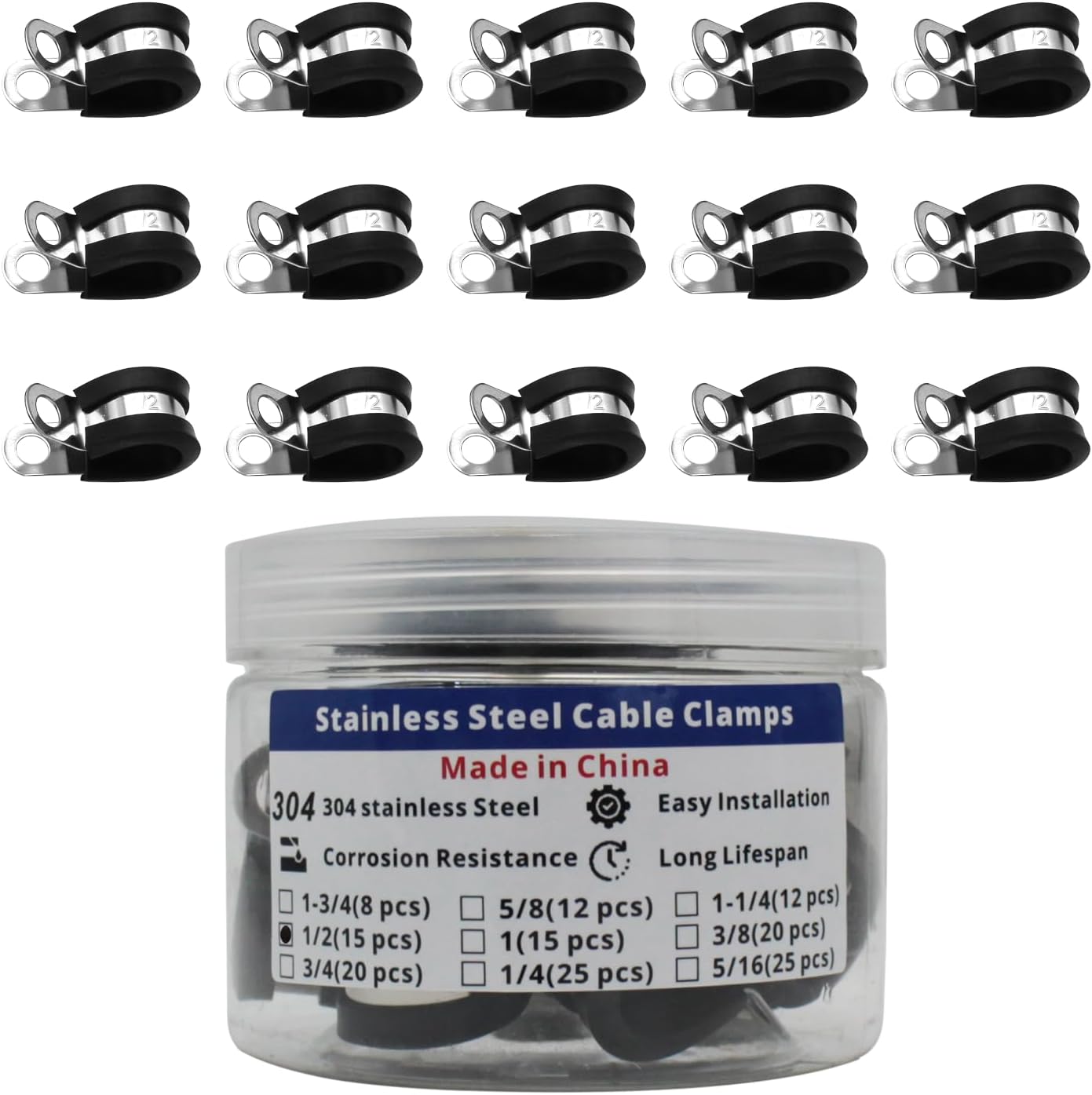 MAKERELE 1/2 inch 304 stainless steel rubber-cushioned cable clamps, 15-pack