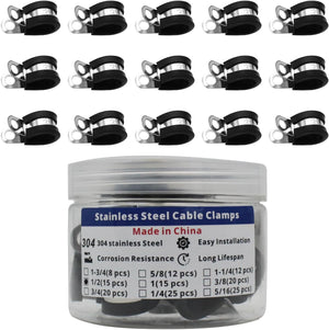 MAKERELE 1/2 inch 304 stainless steel rubber-cushioned cable clamps, 15-pack