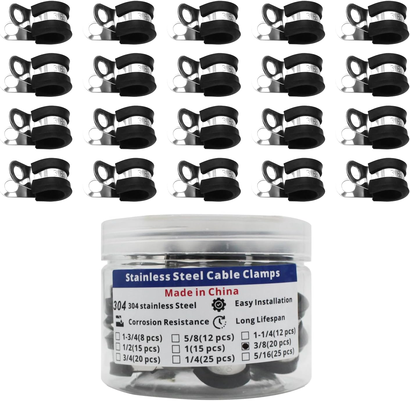 MAKERELE 3/8 inch 304 stainless steel rubber-cushioned cable clamps, 20-pack