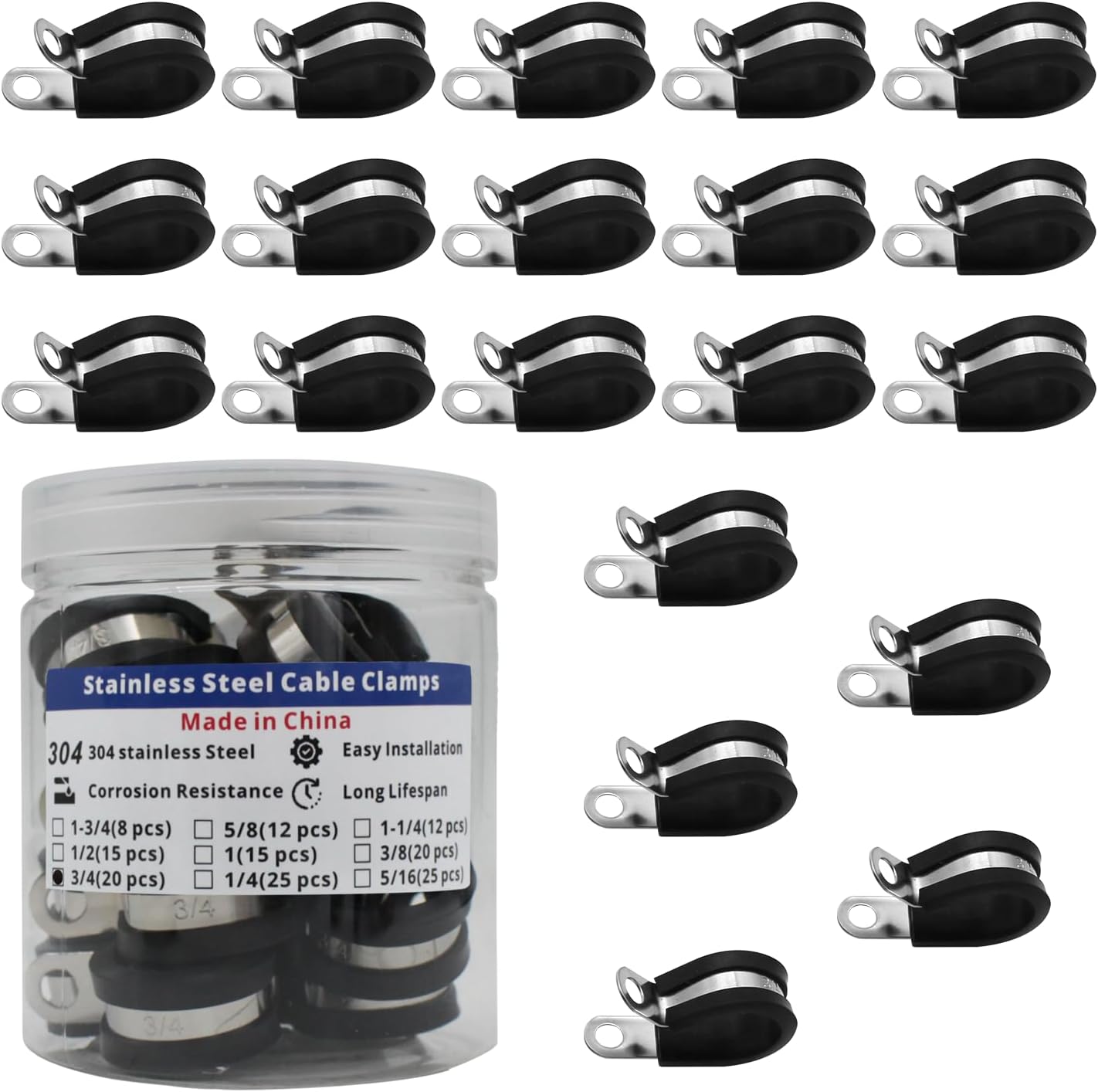 MAKERELE 3/4 inch 304 stainless steel rubber-cushioned cable clamps, 20-pack