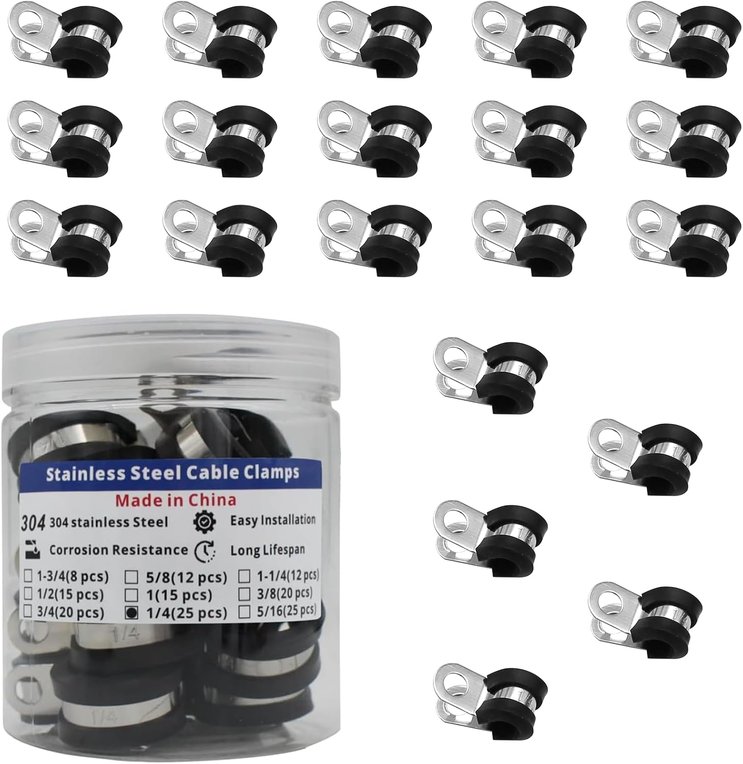 MAKERELE 1/4 inch 304 stainless steel rubber-cushioned cable clamps, 25-pack