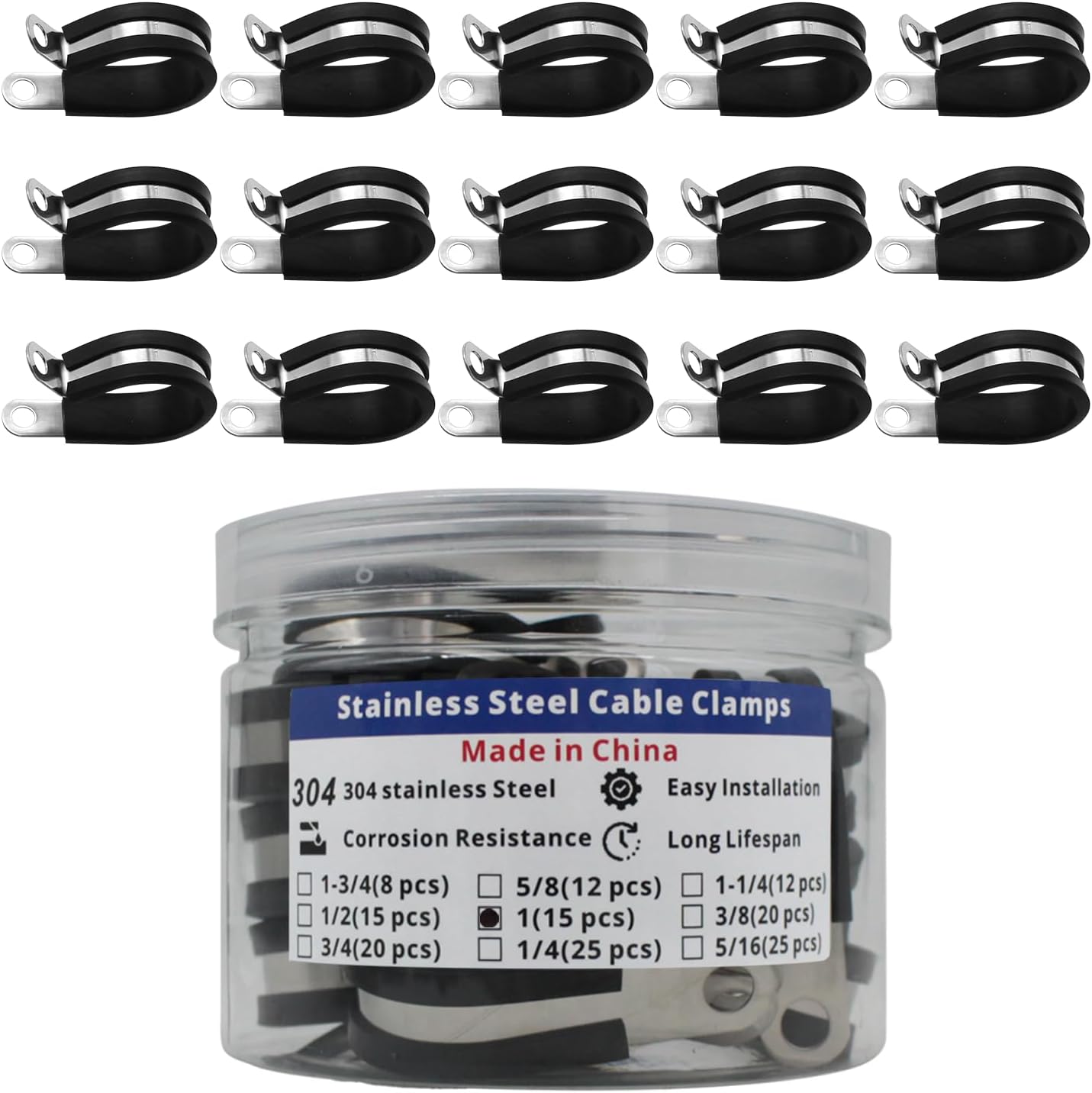 MAKERELE 1 inch 304 stainless steel rubber-cushioned cable clamps, 15-pack