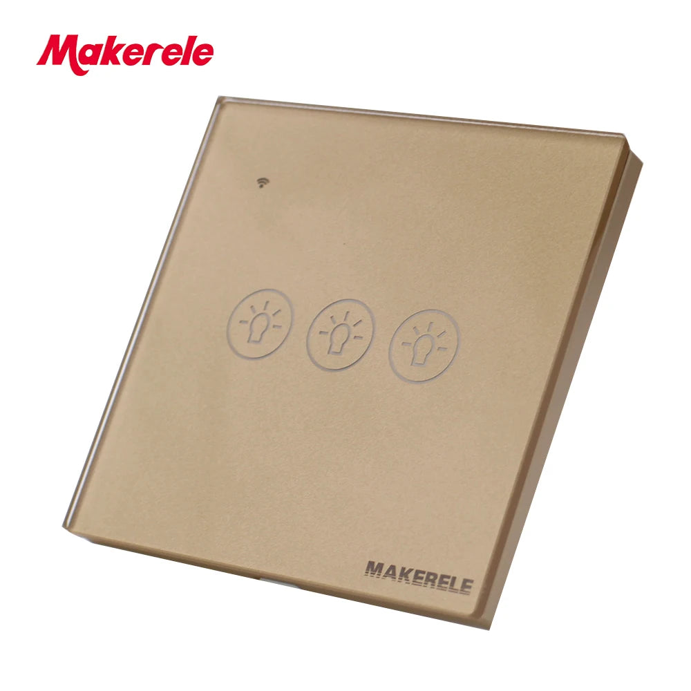 MAKERELE Wi-Fi glass panel touch wall switch in gold, 3-gang