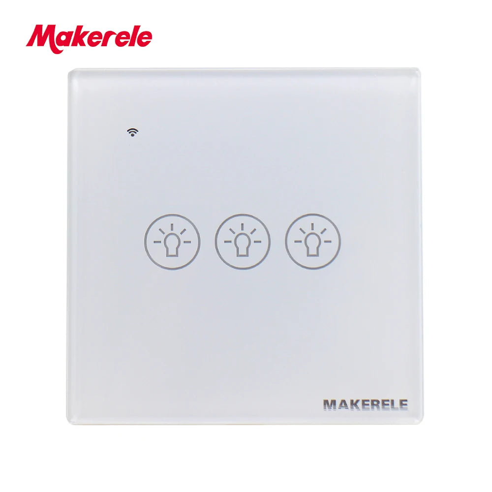 MAKERELE Wi-Fi glass panel touch wall switch in white, 3-gang