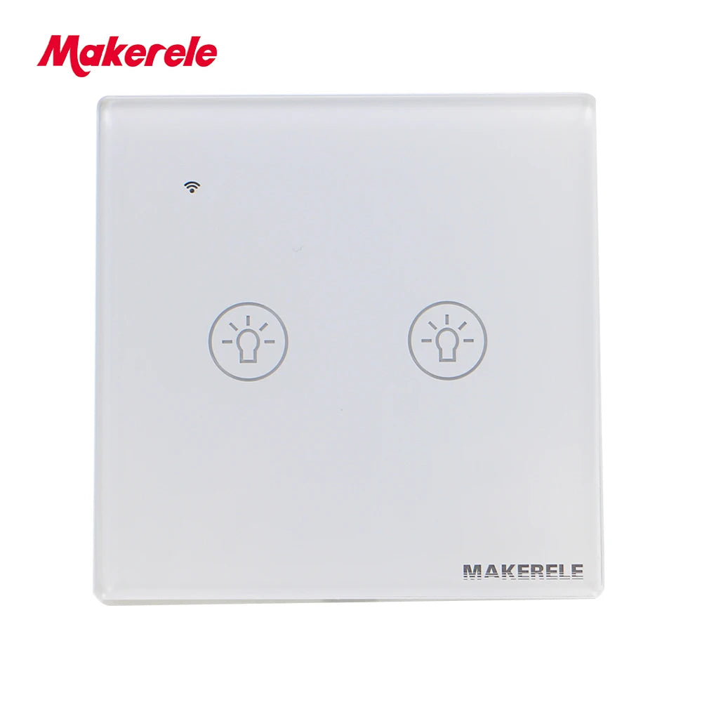 MAKERELE Wi-Fi glass panel touch wall switch in white, 2-gang
