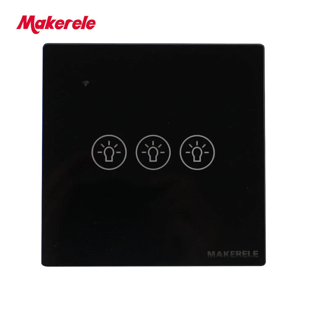MAKERELE Wi-Fi glass panel touch wall switch in black, 3-gang