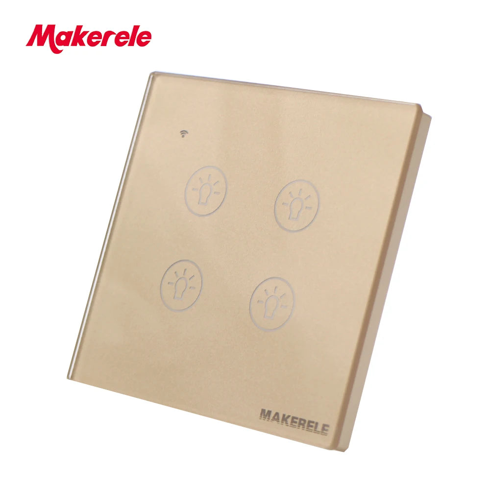 MAKERELE Wi-Fi glass panel touch wall switch in gold, 4-gang