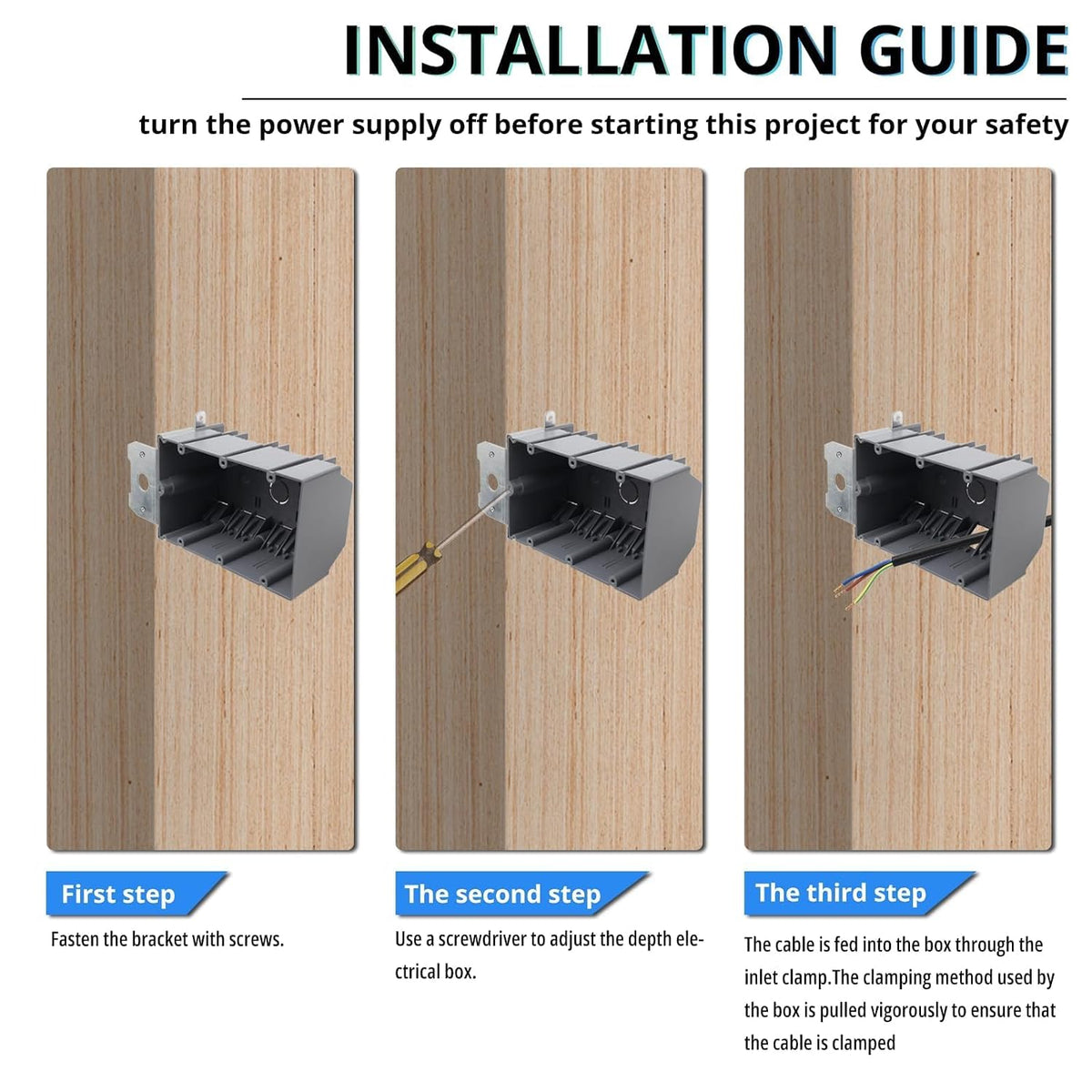 Installation steps for MAKERELE gray 3-gang adjustable electrical outlet box