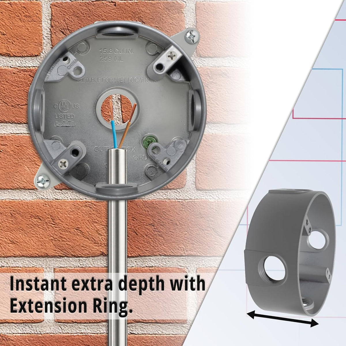 MAKERELE gray round weatherproof electrical box extension ring installed