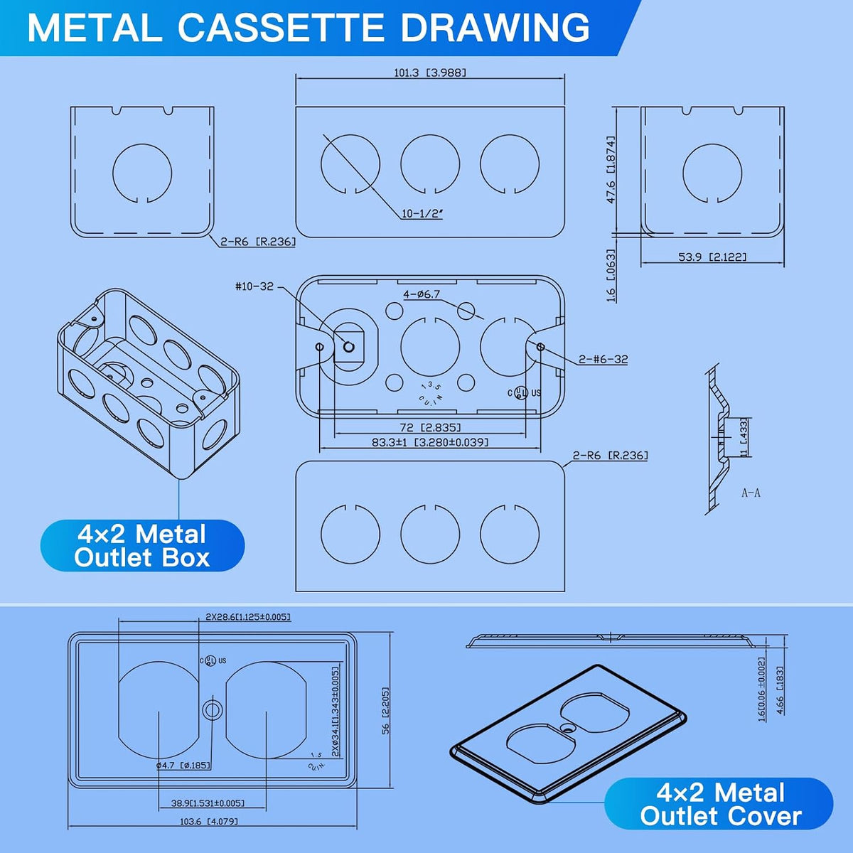 Technical drawing of MAKERELE 4 x 2 in. metal handy box and outlet cover