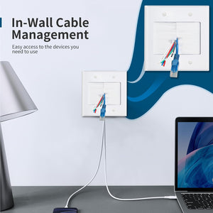 MAKERELE double-gang brush wall plate cable pass-through in use