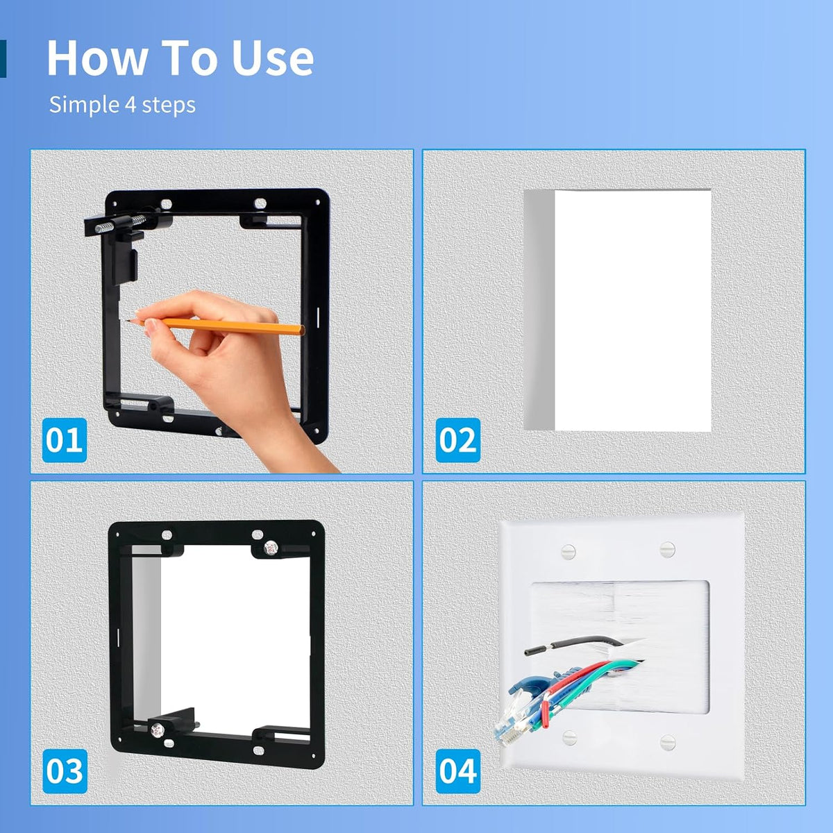 Installation steps for a MAKERELE double-gang brush wall plate kit