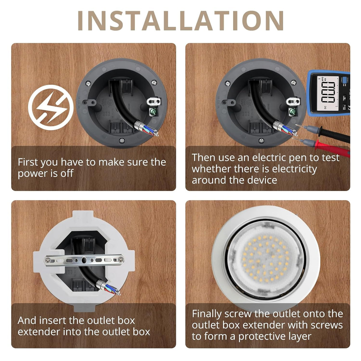 Installation steps for a MAKERELE round white electrical box extender