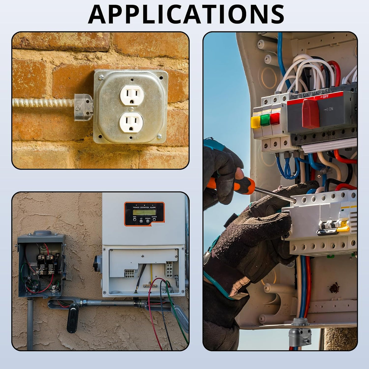 Application examples for 3/8 inch strap-type FMC duplex connectors
