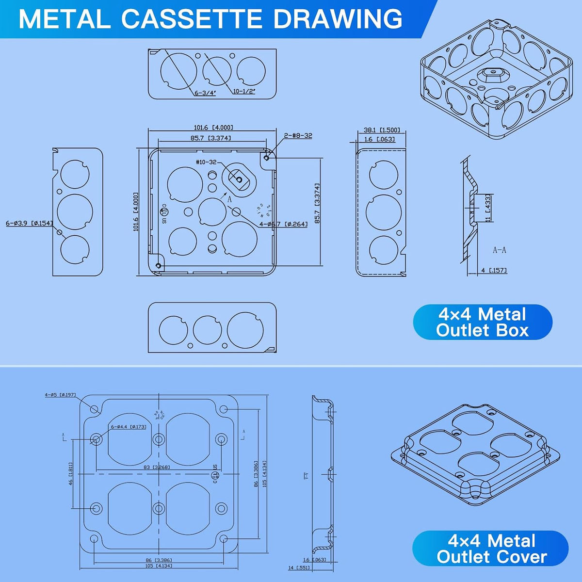 4-inch square electrical box and raised cover dimension drawing