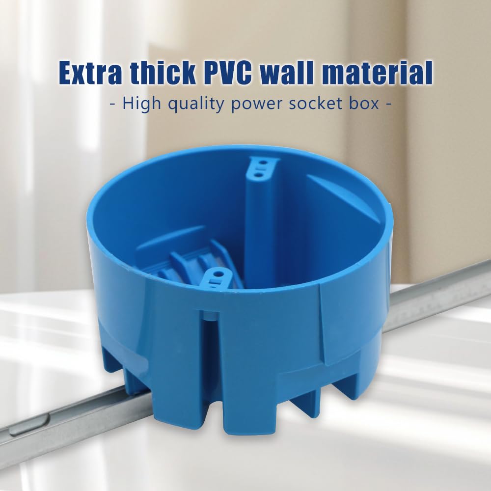 Blue 4-inch round ceiling electrical box close-up