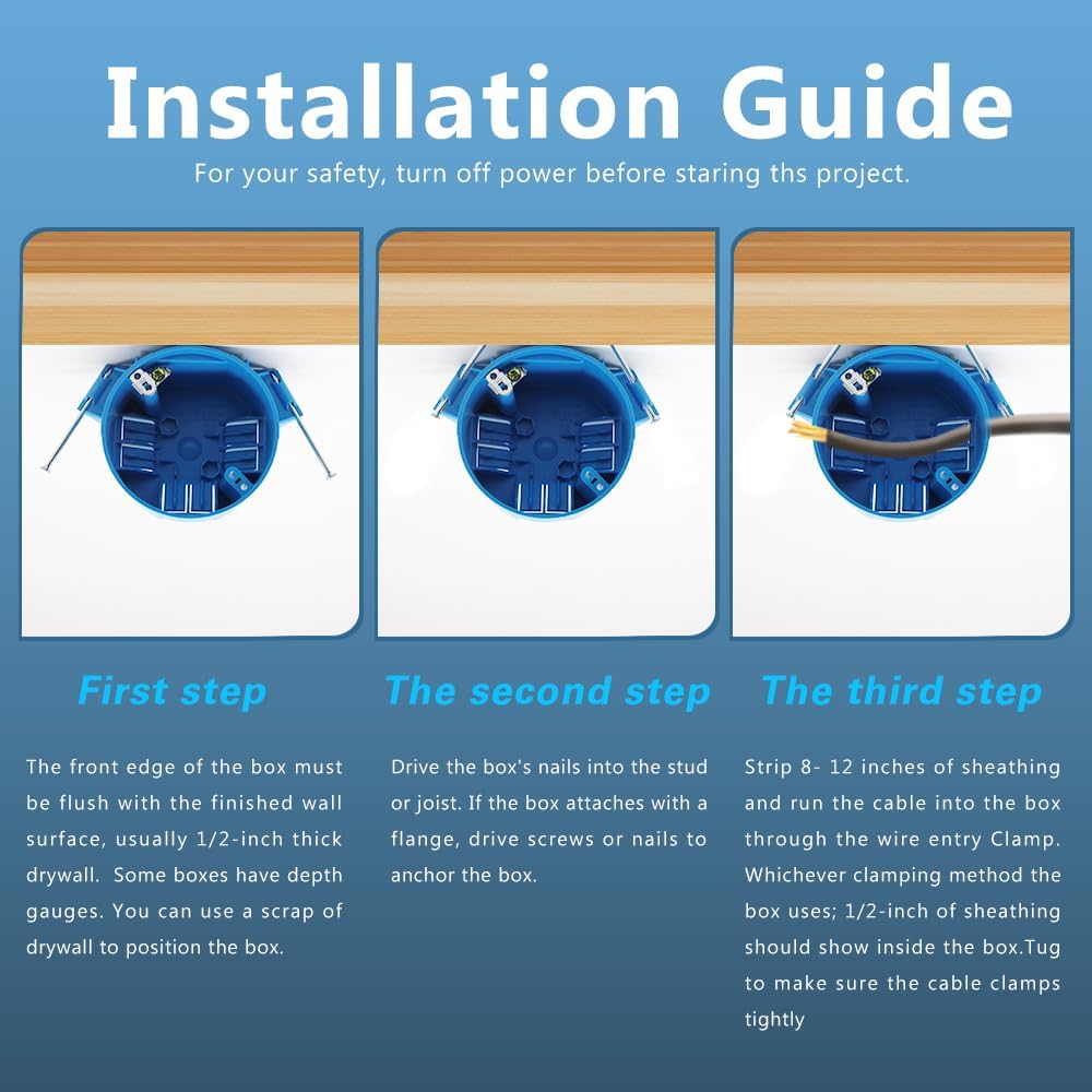 Installation guide for the blue round nail-on electrical box