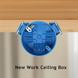 Blue round nail-on electrical box mounted on a wood stud