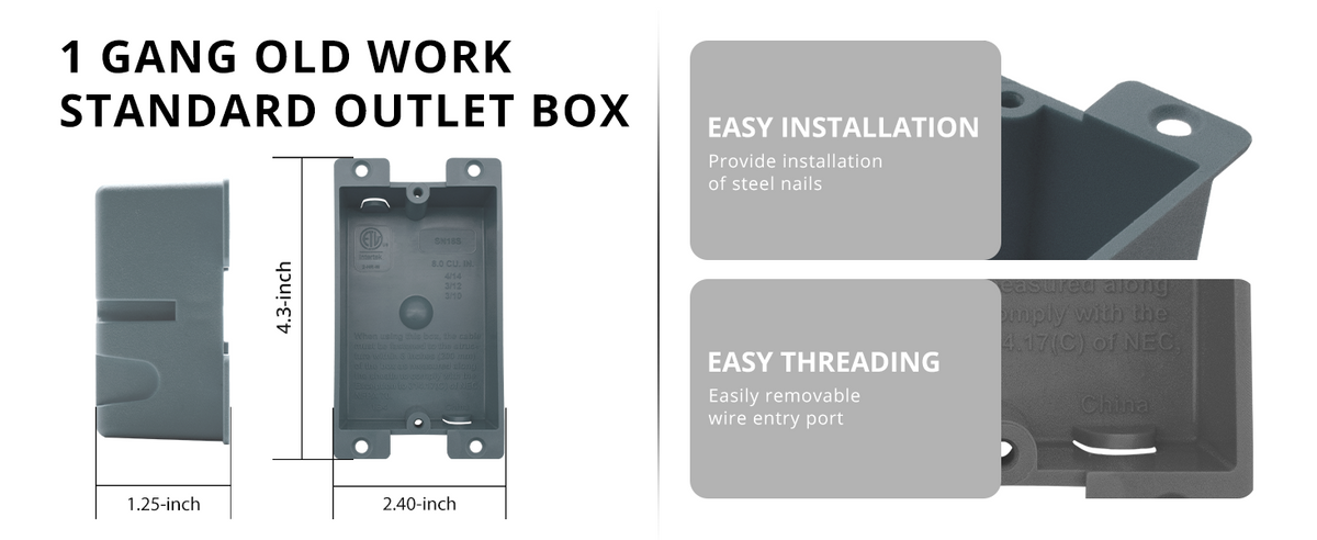 Grey 1-gang shallow old work electrical box dimensions and features