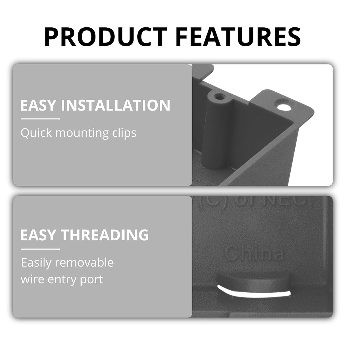 Grey shallow old work electrical box mounting clips and cable entry