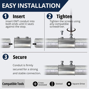 Installation steps for the 1/2 inch EMT set-screw coupling