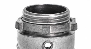 MAKERELE straight FMC connector threaded end and locknut detail; dimensions depend on trade size