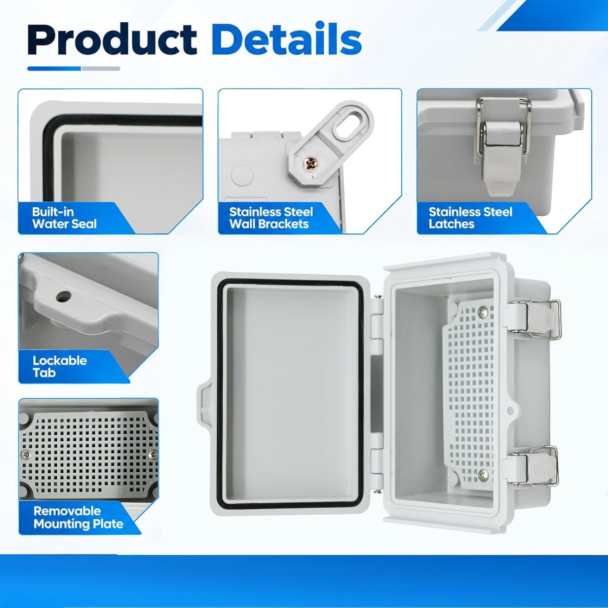 MAKERELE MTY grey metal-latch enclosure, 150 x 100 x 70 mm, gasket, latch and mounting details