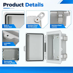 MAKERELE MTY grey metal-latch enclosure, 150 x 100 x 70 mm, gasket, latch and mounting details