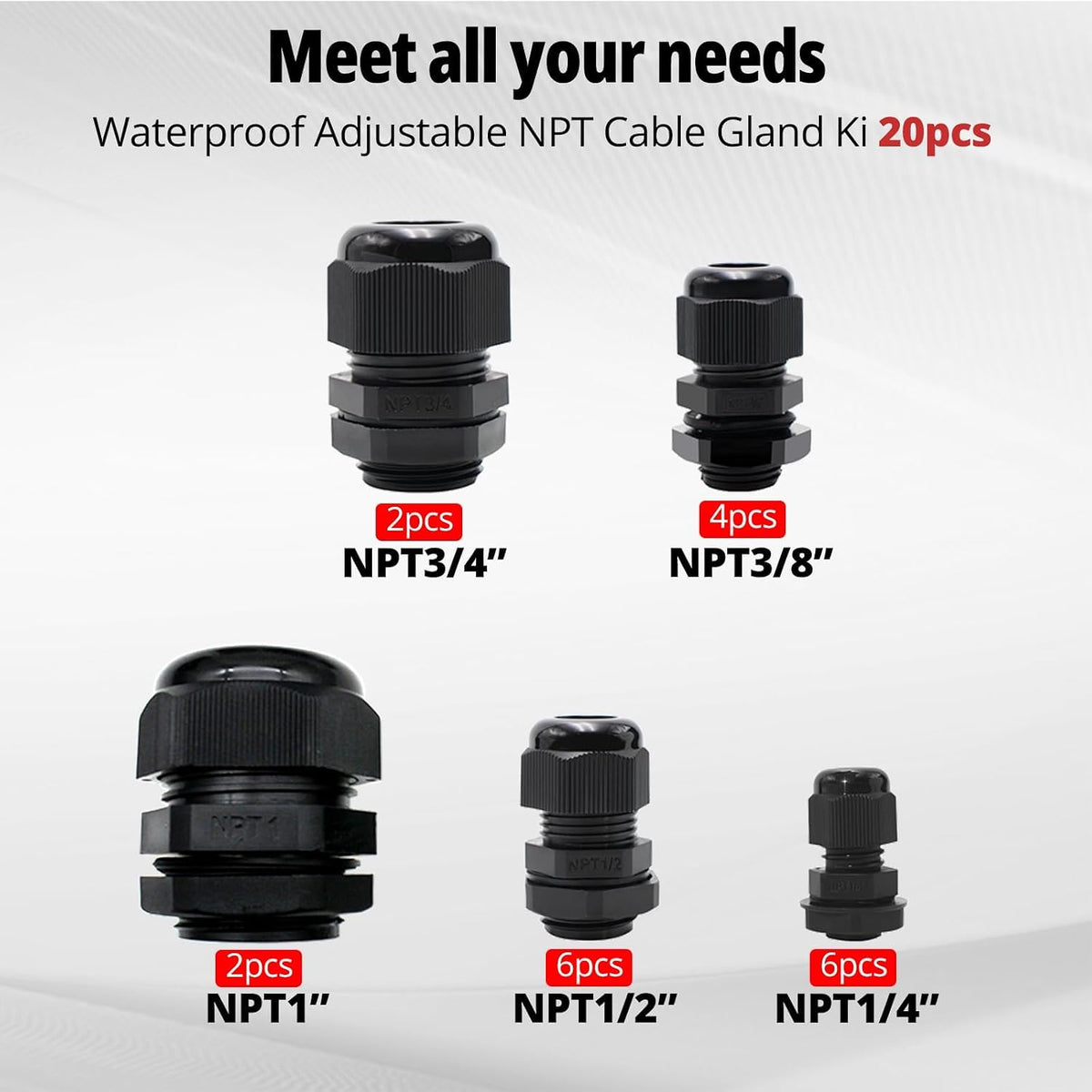MAKERELE black 20-piece NPT cable gland kit: 6 quarter-inch, 4 three-eighth-inch, 6 half-inch, 2 three-quarter-inch and 2 one-inch glands