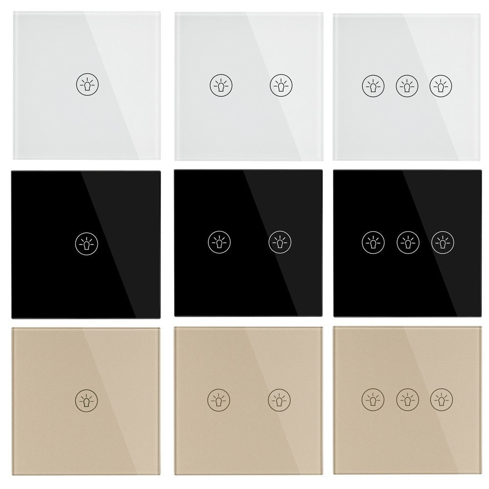 MAKERELE glass-panel touch wall switches in white, black, and gold with 1-, 2-, and 3-gang layouts