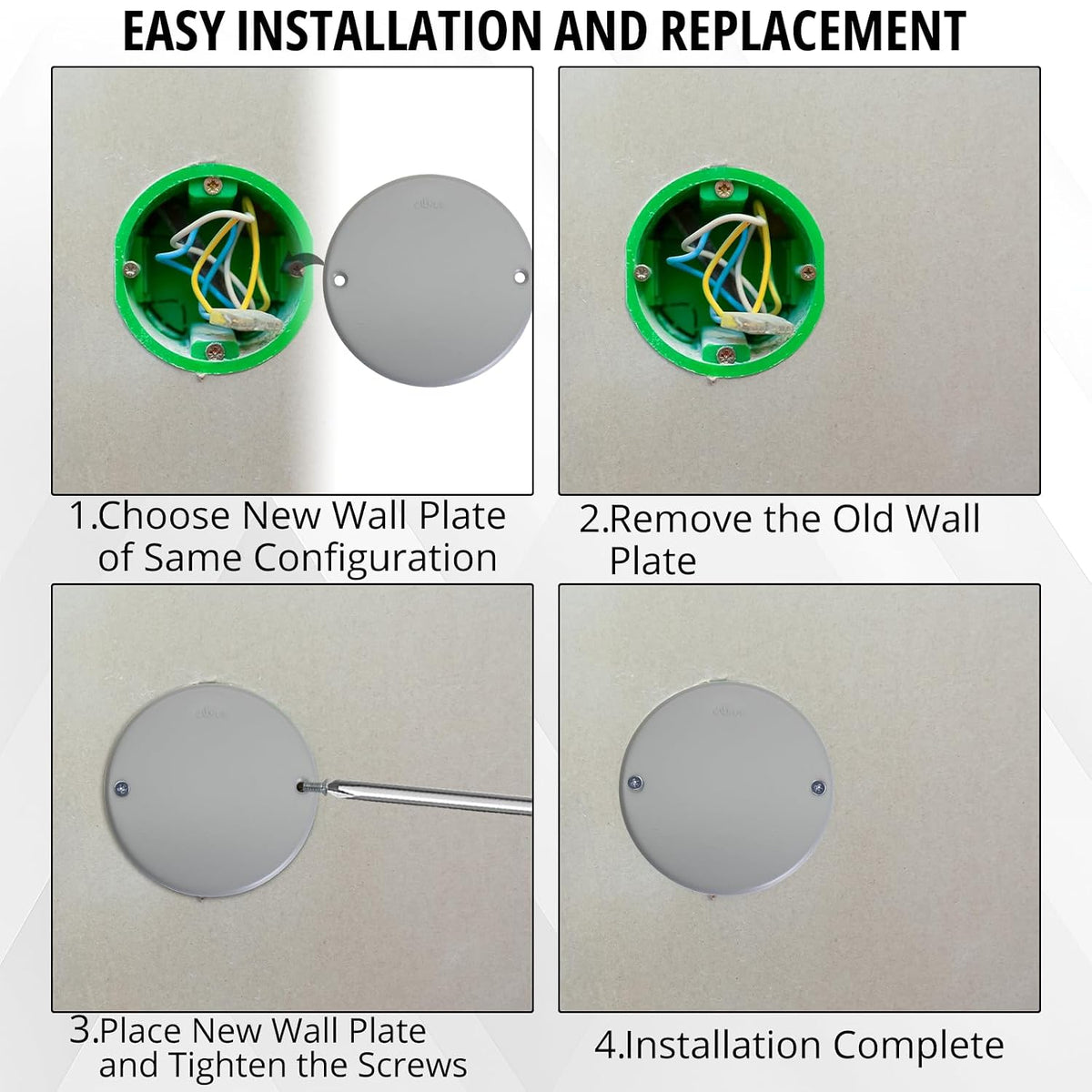 Installing a gray round metallic blank device cover