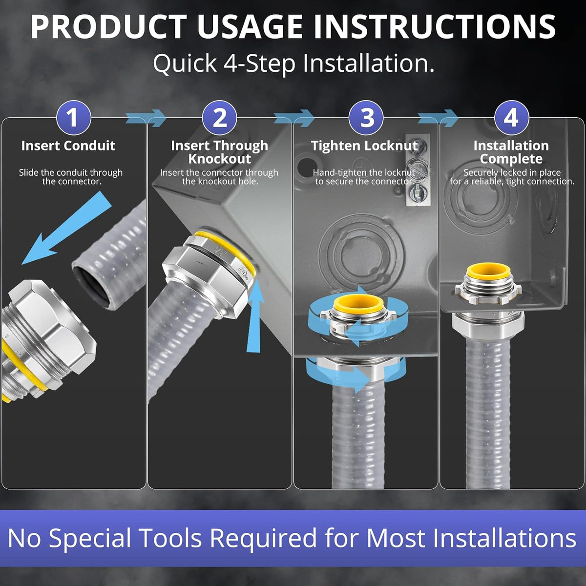 Straight liquid-tight connector installation steps
