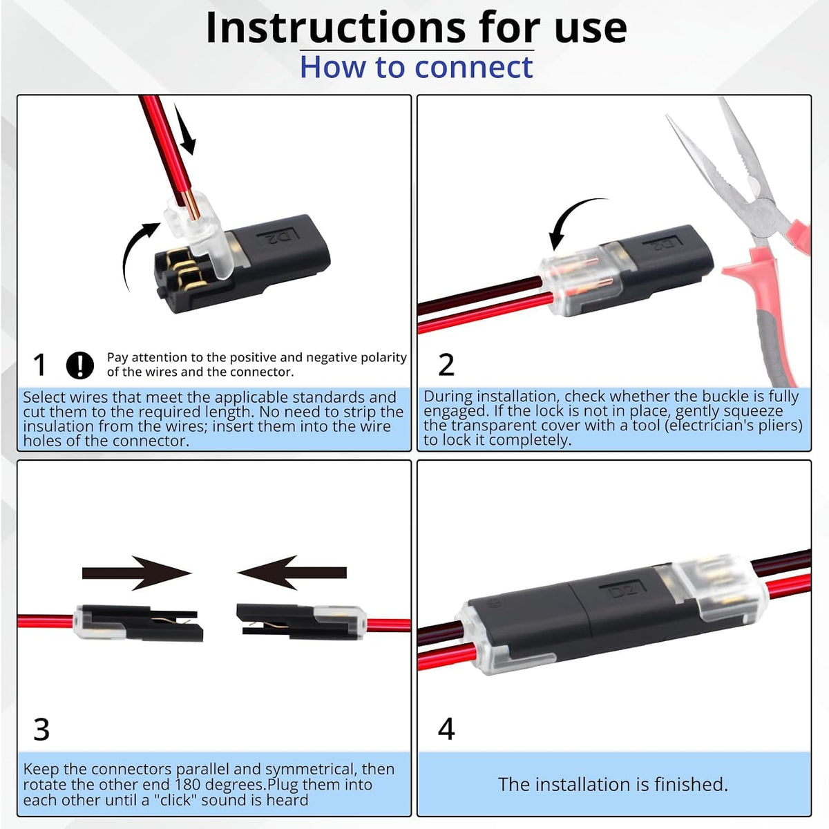 Low voltage quick connect wire connector installation steps