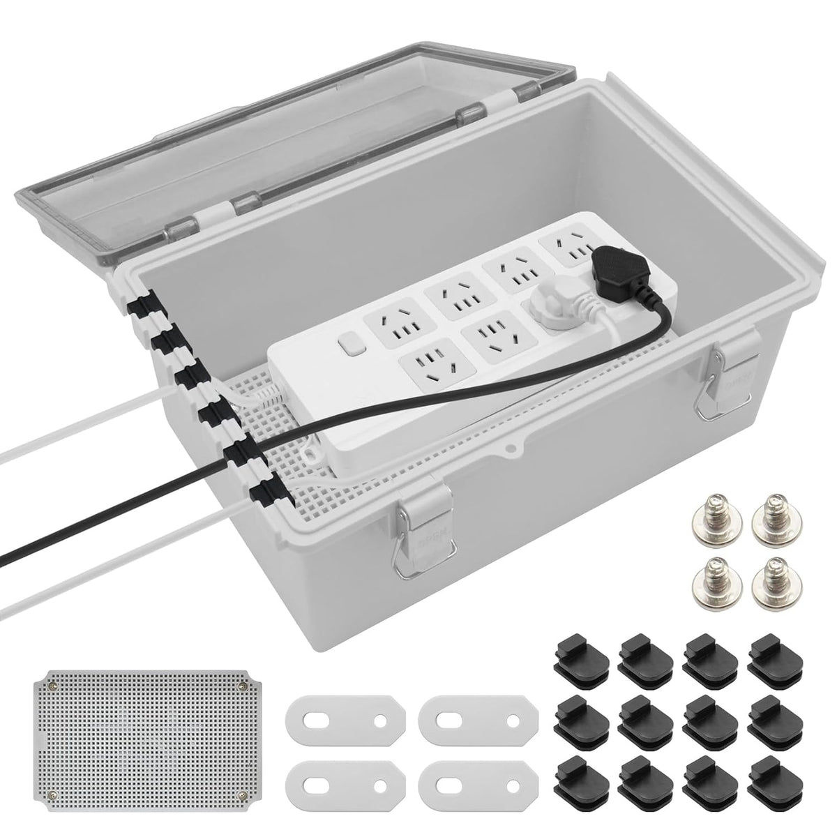 MAKERELE transparent cord connection enclosure, large 6-port, 11.4 × 8.2 × 5.6 in