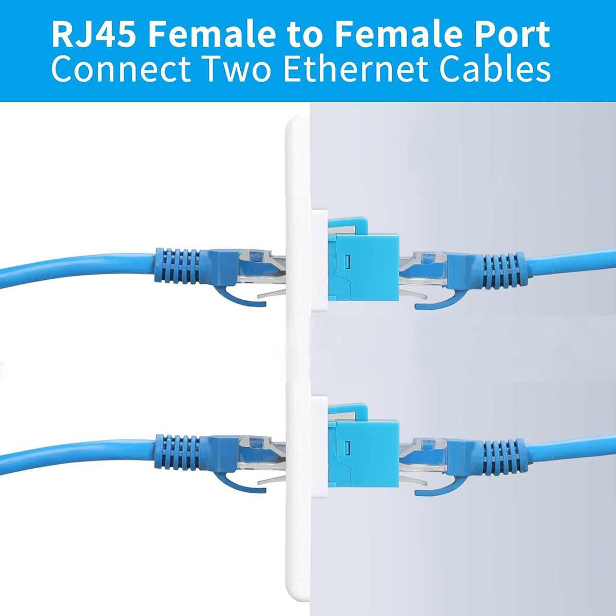 Two-port RJ45 wall plate with female-to-female keystone couplers