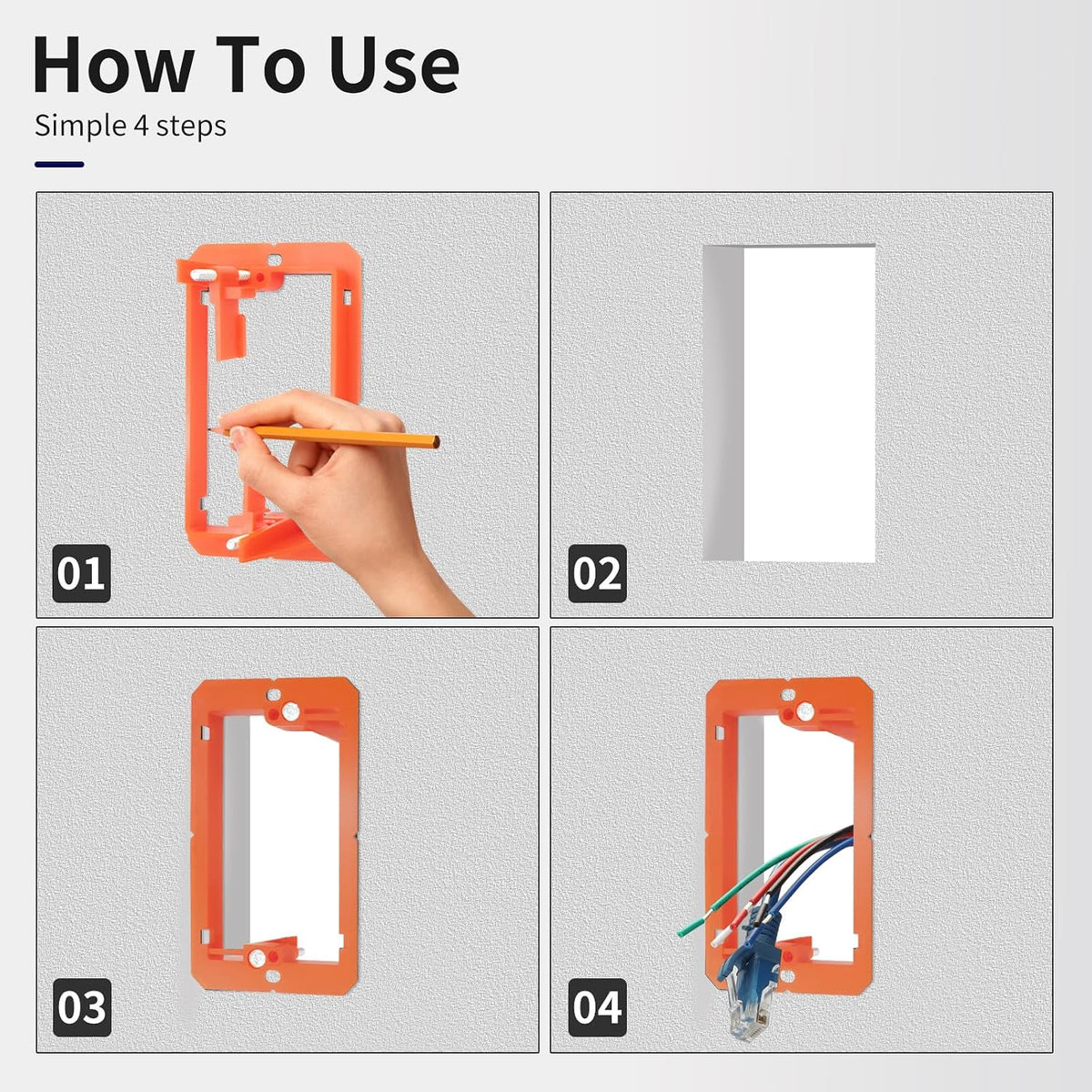 Installation steps for a MAKERELE orange single-gang low-voltage bracket